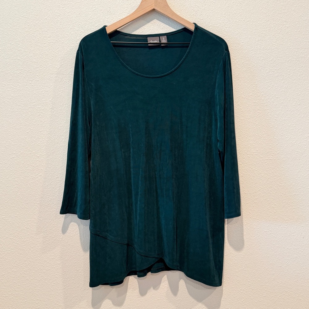 CHICOS Women Top Size 3 Dark Teal Ribbed Long Sleeve Layered Hem Travelers
